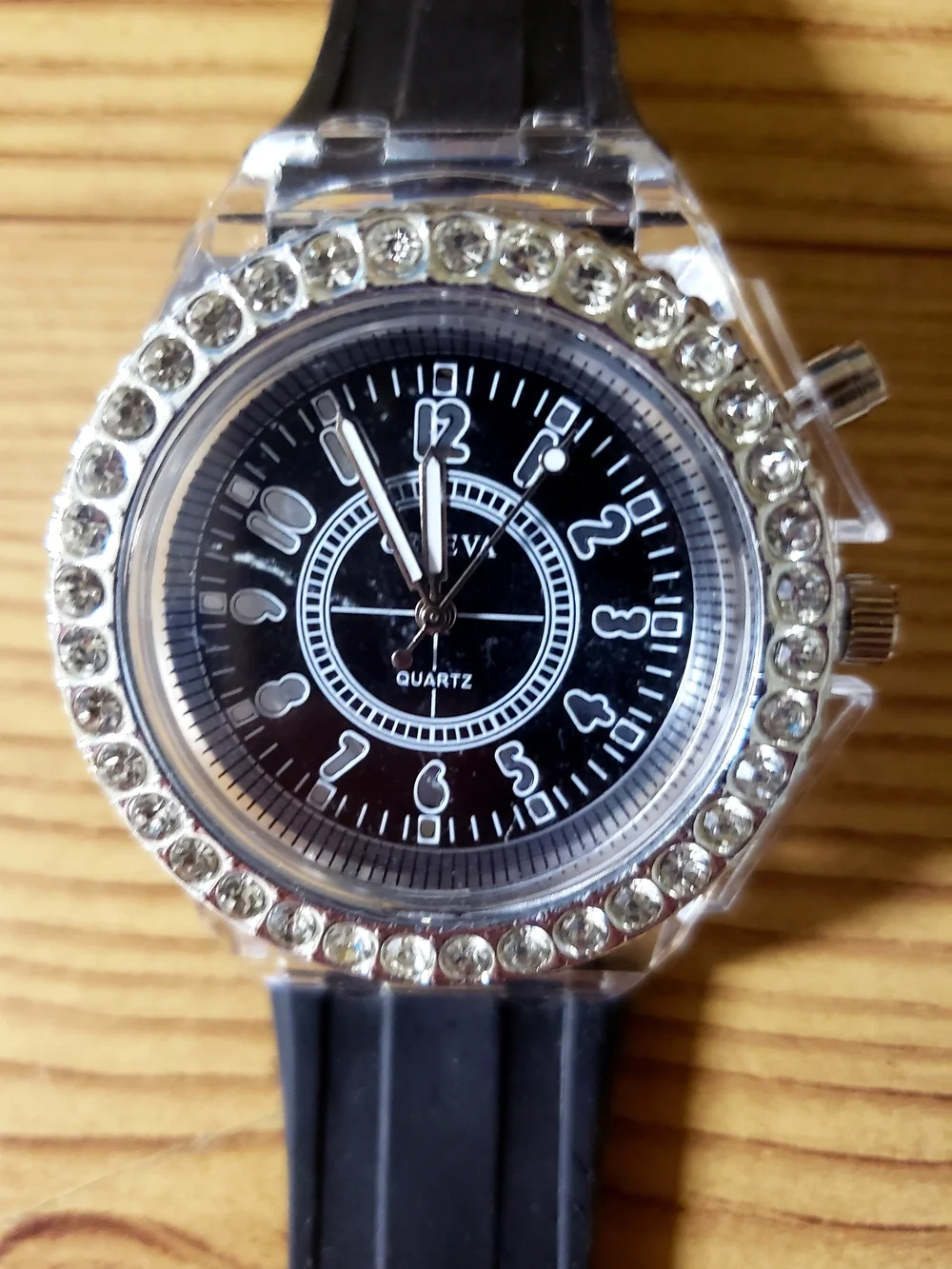 Women's Black Crystal Style Trim Light Up Quartz Watch With Black Wrist Band